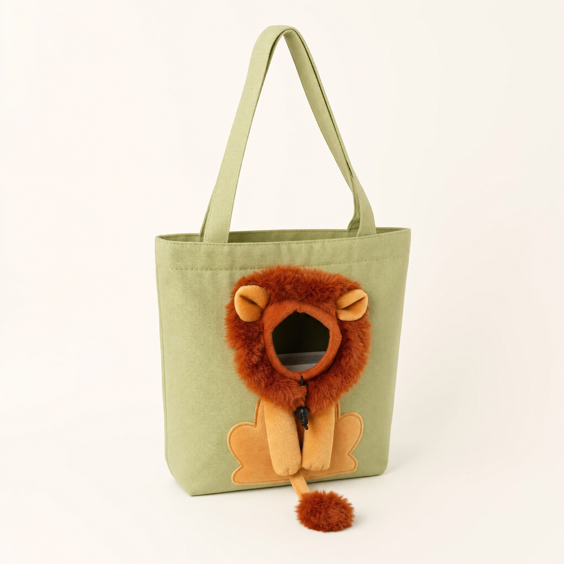 LittleManes Lion Tote in sage green canvas, three-quarter view