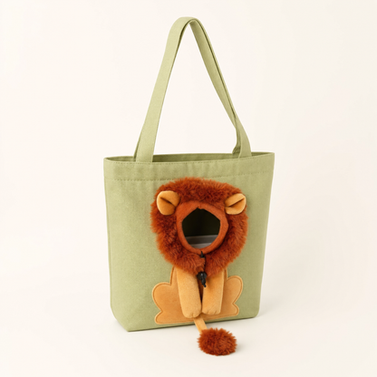 LittleManes Lion Tote in sage green canvas, three-quarter view